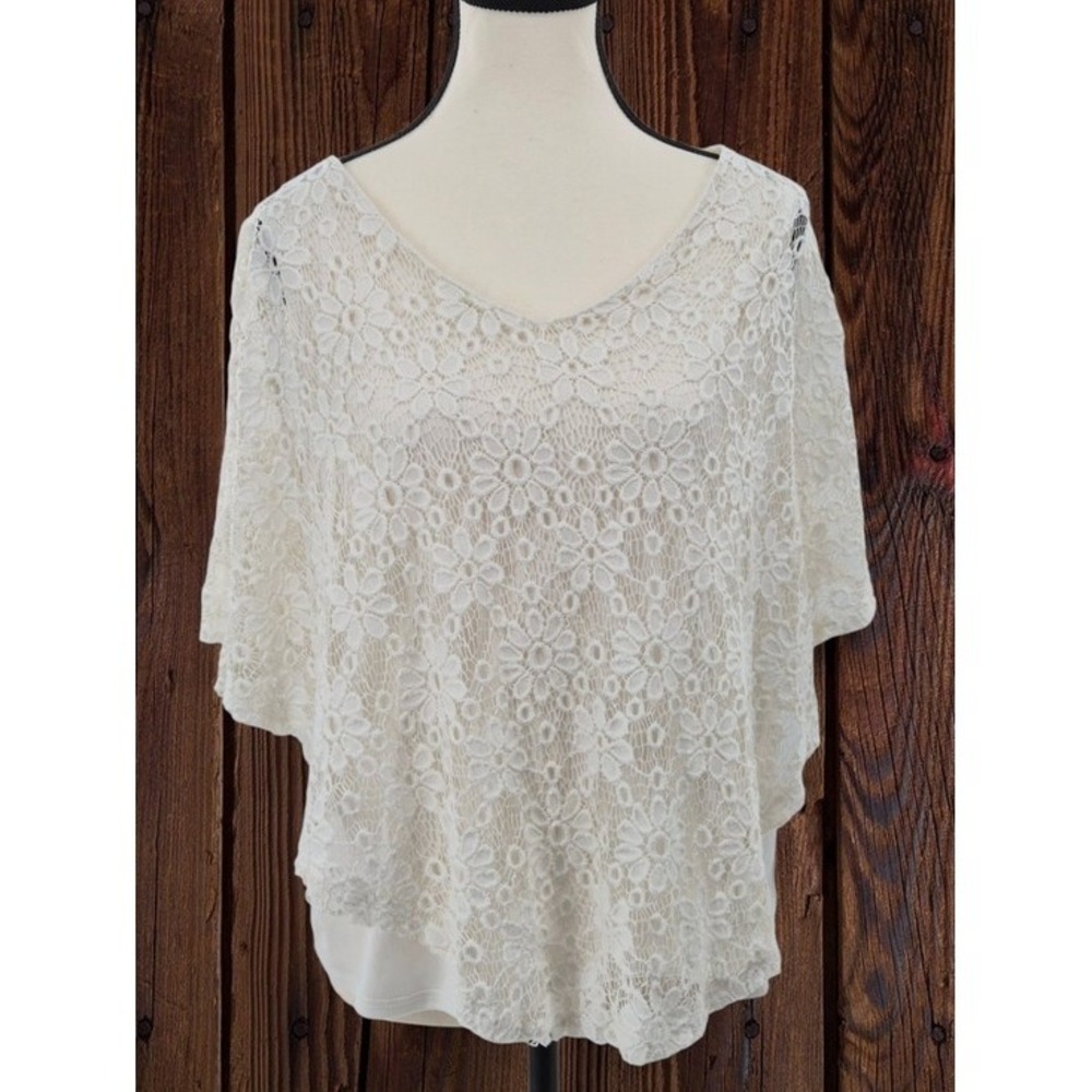 Womens Ivory Floral Lace Overlay Lined Poncho Blouse L Dolman Sleeve Cottagecore